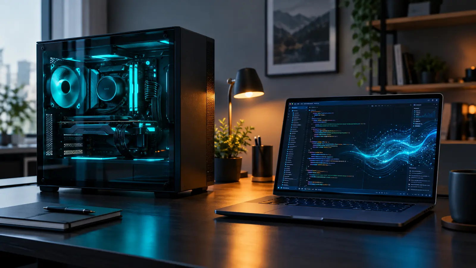 A glass-sided desktop PC with cyan lighting sits beside a laptop displaying code and glowing blue data streams on a desk in a modern home office, illuminated by warm amber light.